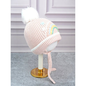 Pink Embroidered Rainbow Knitted Woolen Winter Cap/ Beanie for Kids, 3 - 10 Years - 3 - 10 Years Winter Wear