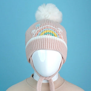 Pink Embroidered Rainbow Knitted Woolen Winter Cap/ Beanie for Kids, 3 - 10 Years - 3 - 10 Years Winter Wear