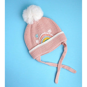 Pink Embroidered Rainbow Knitted Woolen Winter Cap/ Beanie for Kids, 3 - 10 Years - 3 - 10 Years Winter Wear