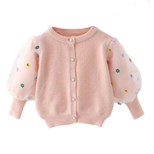 Pink Floral Puff Style Stylish Warmer Cardigan & Christmas Sweater for toddlers & Kids - Little Surprise BoxPink Floral Puff Style Stylish Warmer Cardigan & Christmas Sweater for toddlers & Kids