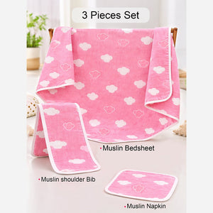 Pink Hearts Designed Organic Muslin Blanket, Bib and Napkin Matching Set - Bedding