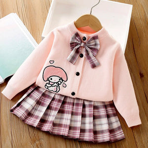 Pink Lil Bow cardigan & Checked Skirt, Winterwear, 2Pcs set for Girls - 2 - 3 Years Kids Clothing