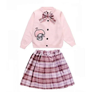 Pink Lil Bow cardigan & Checked Skirt, Winterwear, 2Pcs set for Girls - 2 - 3 Years Kids Clothing