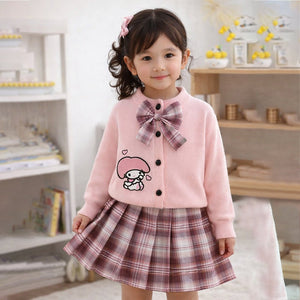 Pink Lil Bow cardigan & Checked Skirt, Winterwear, 2Pcs set for Girls - 2 - 3 Years Kids Clothing