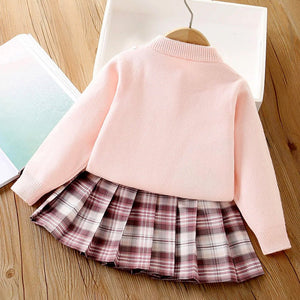 Pink Lil Bow cardigan & Checked Skirt, Winterwear, 2Pcs set for Girls - 2 - 3 Years Kids Clothing