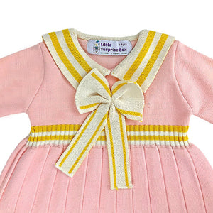 Pink & Mustard Big Bow & Stripes Sailor neck Winter wear Frock for girls - 2 - 3 Years Kids Clothing
