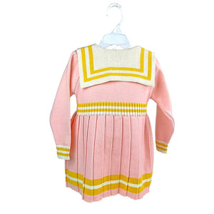 Pink & Mustard Big Bow & Stripes Sailor neck Winter wear Frock for girls - 2 - 3 Years Kids Clothing