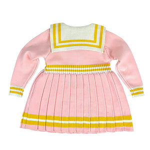 Pink & Mustard Big Bow & Stripes Sailor neck Winter wear Frock for girls - 2 - 3 Years Kids Clothing