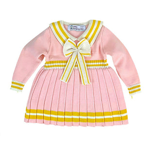 Pink & Mustard Big Bow & Stripes Sailor neck Winter wear Frock for girls - 2 - 3 Years Kids Clothing