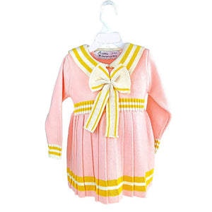 Pink & Mustard Big Bow & Stripes Sailor neck Winter wear Frock for girls - 2 - 3 Years Kids Clothing