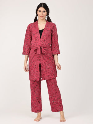Pregnant Model wearing Pink Panther Maternity Robe & Pajama Set from the mom store with the robe tied and facing the audience