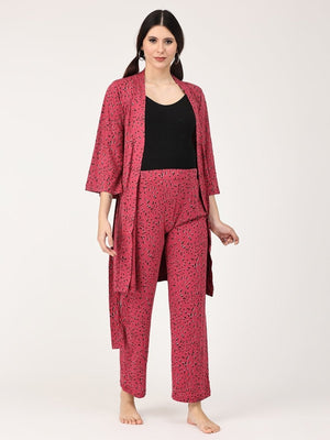 Pregnant Model wearing Pink Panther Maternity Robe & Pajama Set from the mom store with the robe untied and facing the audience