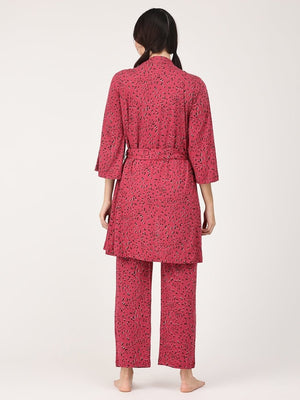 Pregnant Model wearing Pink Panther Maternity Robe & Pajama Set from the mom store with the robe tied and facing backwards