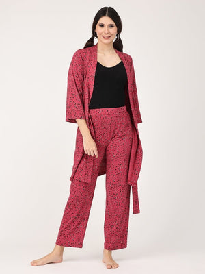 Pregnant Model wearing Pink Panther Maternity Robe & Pajama Set from the mom store with the robe untied and facing the audience