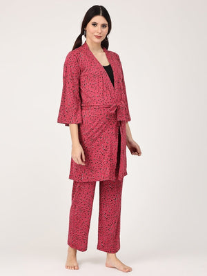 Pregnant Model wearing Pink Panther Maternity Robe & Pajama Set from the mom store with the robe tied