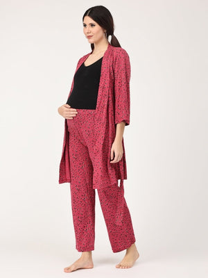 Pregnant Model wearing Pink Panther Maternity Robe & Pajama Set from the mom store