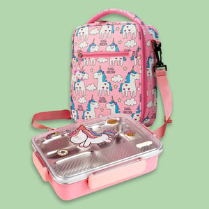 Pink Party Hat Unicorn Big Size Stainless Steel Kids Lunch Box/Tiffin with matching Lunch Bag - Back To School