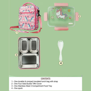 Pink Party Hat Unicorn Big Size Stainless Steel Kids Lunch Box/Tiffin with matching Lunch Bag - Back To School