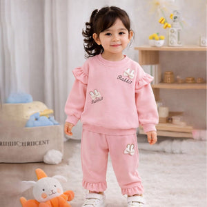 Pink Ruffle Shoulder Tracksuit Set for Kids - 2 - 3 Years Kids Clothing
