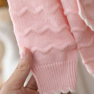 Pink Ruffled Cardigan with Big White Bow Winter Warmer Sweater for Toddlers & Kids - Little Surprise BoxPink Ruffled Cardigan with Big White Bow Winter Warmer Sweater for Toddlers & Kids