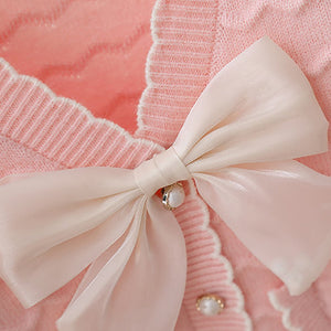 Pink Ruffled Cardigan with Big White Bow Winter Warmer Sweater for Toddlers & Kids - Little Surprise BoxPink Ruffled Cardigan with Big White Bow Winter Warmer Sweater for Toddlers & Kids