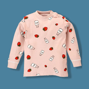 Pink Strawberry & Milk Full sleeves tops & pants set Unisex Kids Wear - 18 - 24 months Kids Clothing