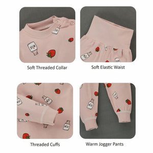 Pink Strawberry & Milk Full sleeves tops & pants set Unisex Kids Wear - 18 - 24 months Kids Clothing