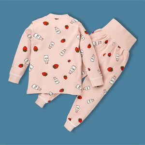 Pink Strawberry & Milk Full sleeves tops & pants set Unisex Kids Wear - 18 - 24 months Kids Clothing