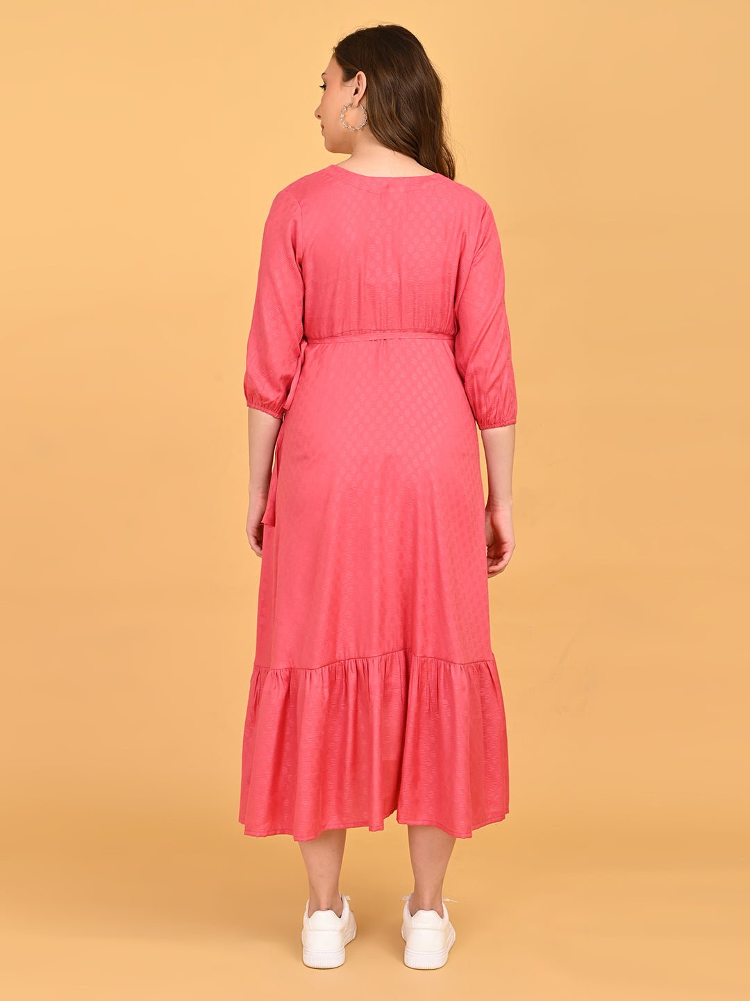 Pink to the Future Maternity Wrap Dress back view showing relaxed fit and midi-length ruffle hem.