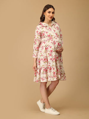 Woman wearing a floral dress on a beige background