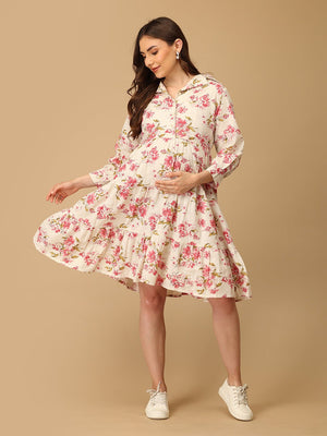Woman wearing a floral dress on a beige background