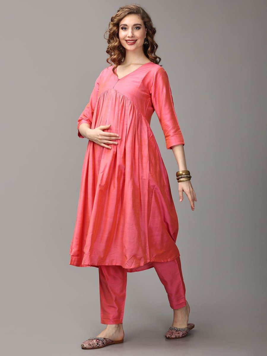 Pinking Perfect Maternity And Nursing Silk Kurta Set - MEW-SK-PPSK-S