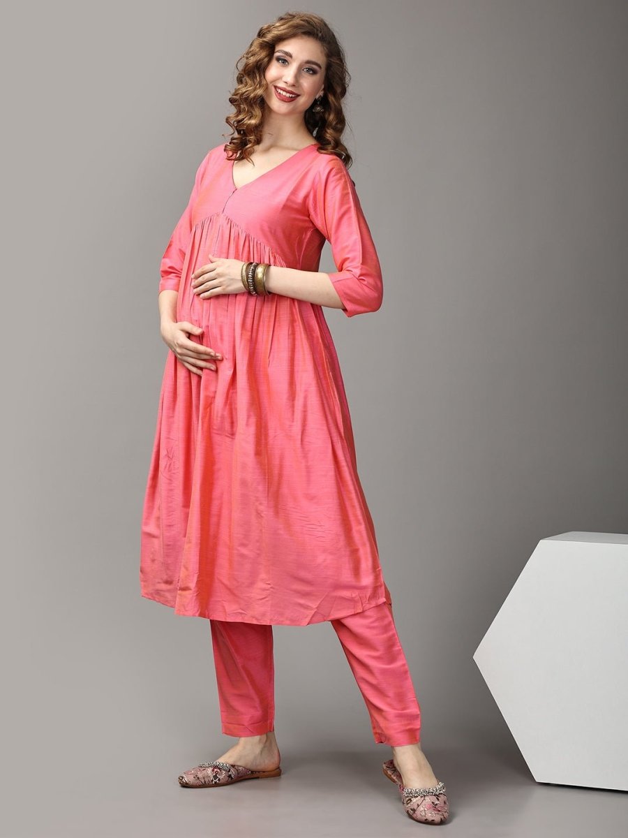 Pinking Perfect Maternity And Nursing Silk Kurta Set - MEW-SK-PPSK-S