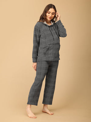 Playful right side pose by Pregnant model wearing Plaiditude Maternity And Nursing Hoodie Pajama Loungewear Set from the mom store