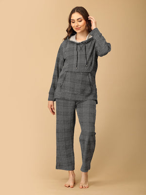 Playful pose by Pregnant model wearing Plaiditude Maternity And Nursing Hoodie Pajama Loungewear Set from the mom store