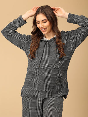 playful pose by model wearing Plaiditude Maternity And Nursing Hoodie Pajama Loungewear Set from the mom store
