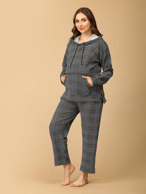 Playful side pose by Pregnant model wearing Plaiditude Maternity And Nursing Hoodie Pajama Loungewear Set from the mom store