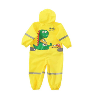 Plain Yellow Dino Theme All Over Jumpsuit / Playsuit Raincoat for Kids - Small (1.5 - 2.5) Years Monsoon Wear