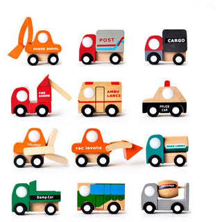 Playbox 12 Colorful Mini Construction Vehicles Little Wagon Cars Wooden Toy Set - PBC - 016