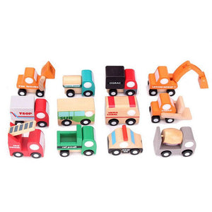 Playbox 12 Colorful Mini Construction Vehicles Little Wagon Cars Wooden Toy Set - PBC - 016