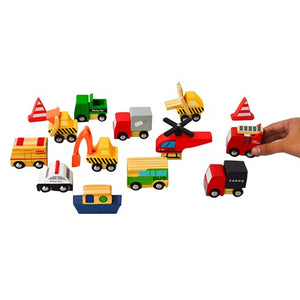 Playbox 12 Colorful Mini Construction Vehicles Little Wagon Cars Wooden Toy Set - PBC - 016