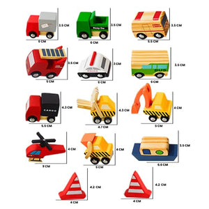 Playbox 12 Colorful Mini Construction Vehicles Little Wagon Cars Wooden Toy Set - PBC - 016