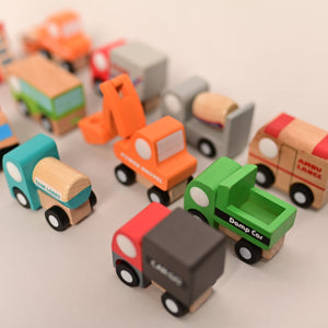 Playbox 12 Colorful Mini Construction Vehicles Little Wagon Cars Wooden Toy Set - PBC - 016