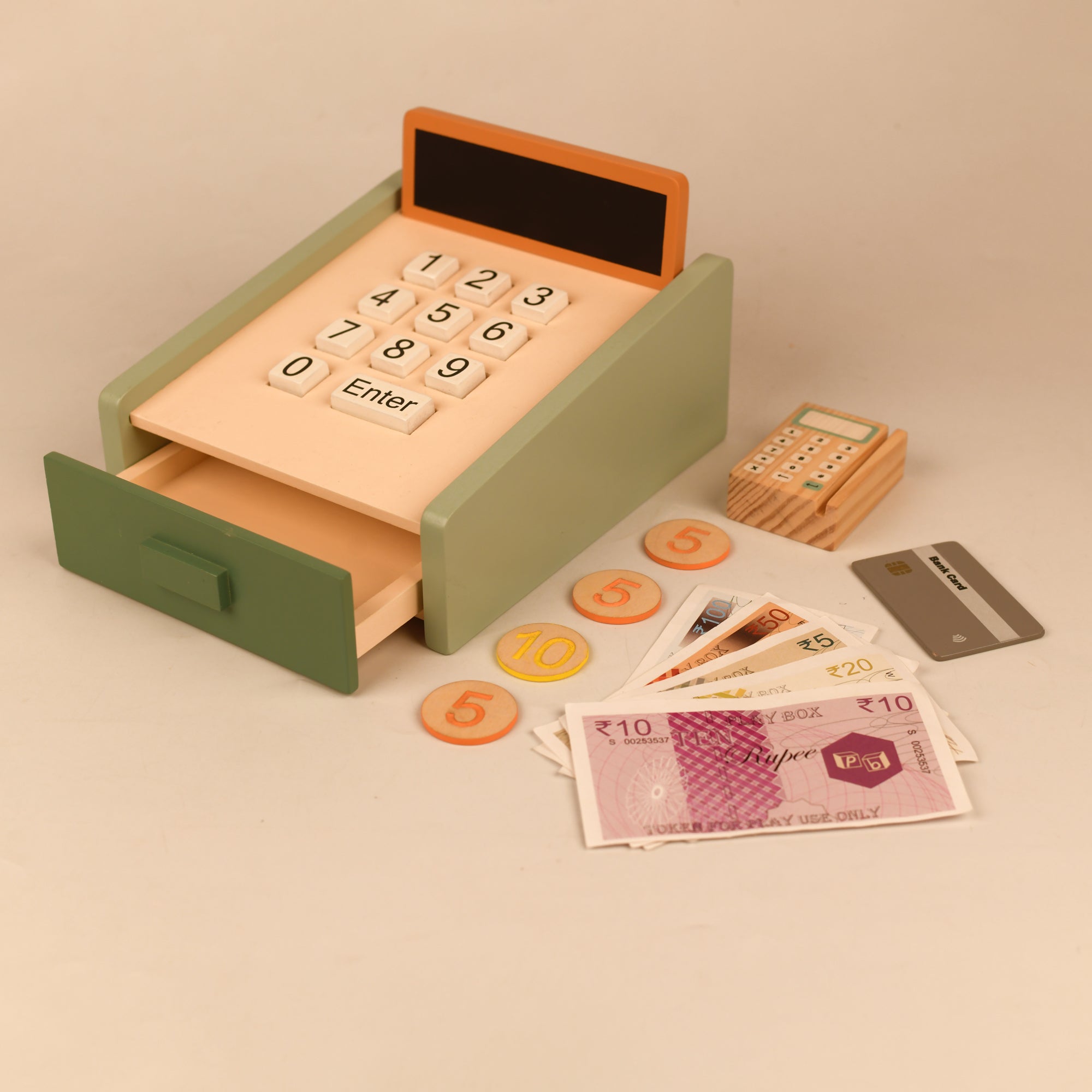 Playbox Funny Money - Cashier Wooden Toy | Pretend Play Shop Accessories | Card Machine Role Play Toy | Imaginary Role pPay Shopping Fun! - PBP - 003