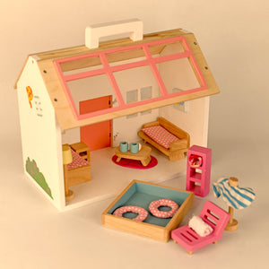 Playbox Pop’s Pool Side Villa Wooden Play Toy Set | Mini Doll House with Furniture Pretend Play Toddler & Kids Baby Toys