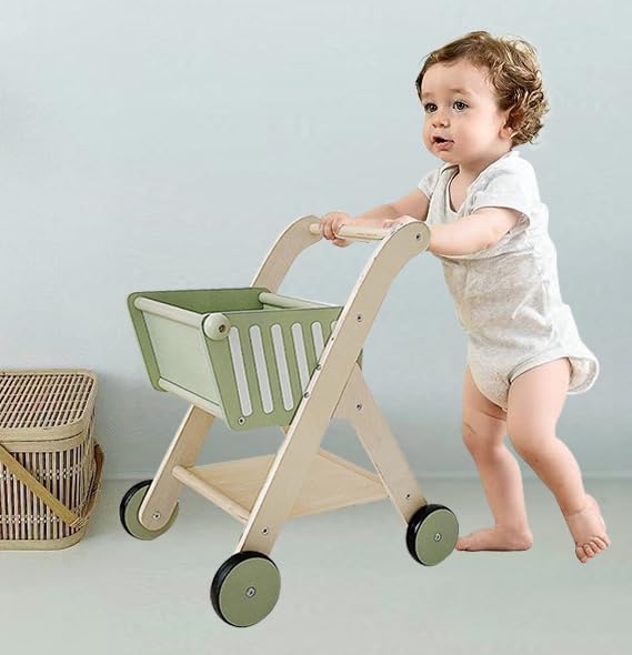 Playbox Shop 'N' Roll Wooden Toy Role Play Supermarket Grocery Shopping Trolley - PBP - 016