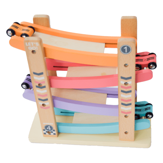 Playbox Speedy Wheels Wooden Car Race Toy, Wood Race Track with Car Ramps, 4 Mini Cars - PBC - 013