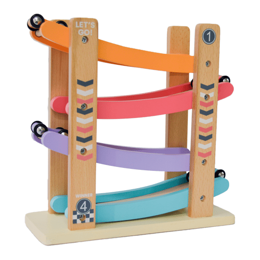 Playbox Speedy Wheels Wooden Car Race Toy, Wood Race Track with Car Ramps, 4 Mini Cars - PBC - 013