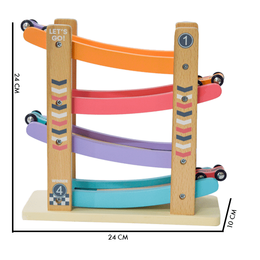 Playbox Speedy Wheels Wooden Car Race Toy, Wood Race Track with Car Ramps, 4 Mini Cars - PBC - 013