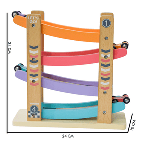 Playbox Speedy Wheels Wooden Car Race Toy, Wood Race Track with Car Ramps, 4 Mini Cars - PBC - 013